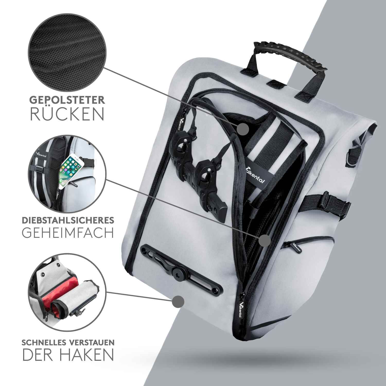 Valkental ValkPro 3in1 Fahrradtasche - Grau/Reflektierend