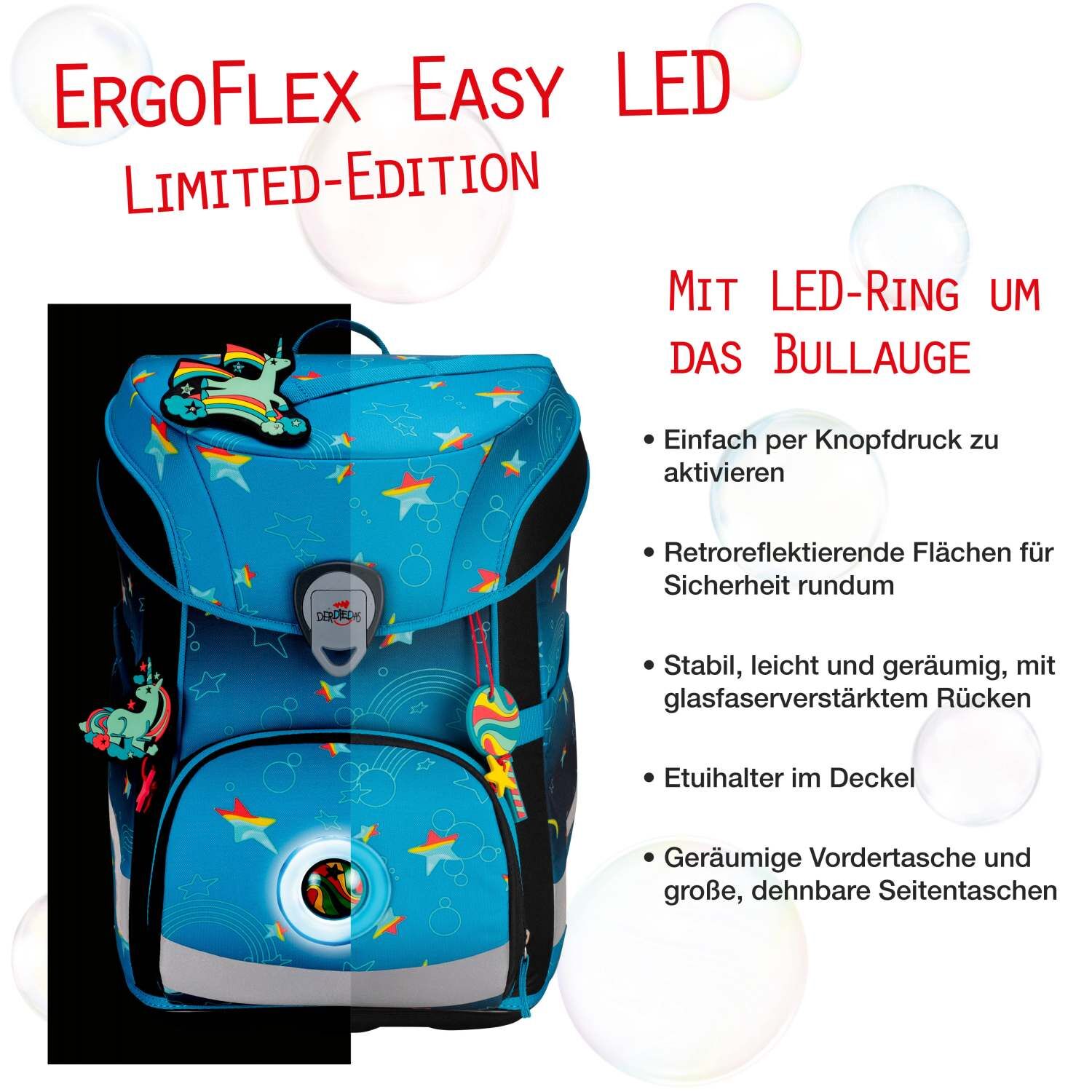 DerDieDas ErgoFlex Easy LED Schulranzenset 5 teilig Rainbow Star