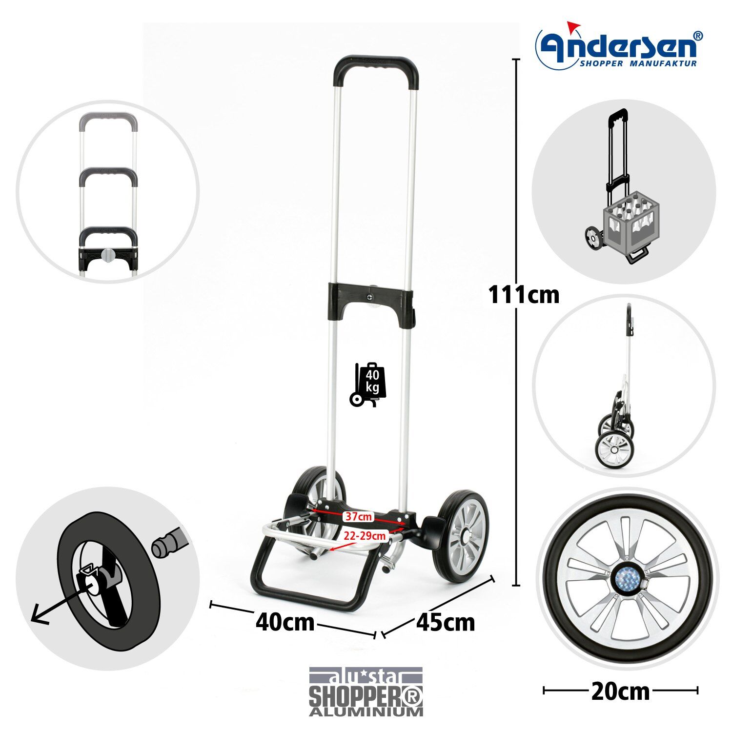 Andersen Einkaufstrollery Alu Star Shopper Flüsterrad 20cm silber
