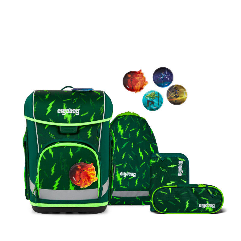 ergobag Cubo Light Schulranzen Set Bärtastisch Grün mit Blitze-Design