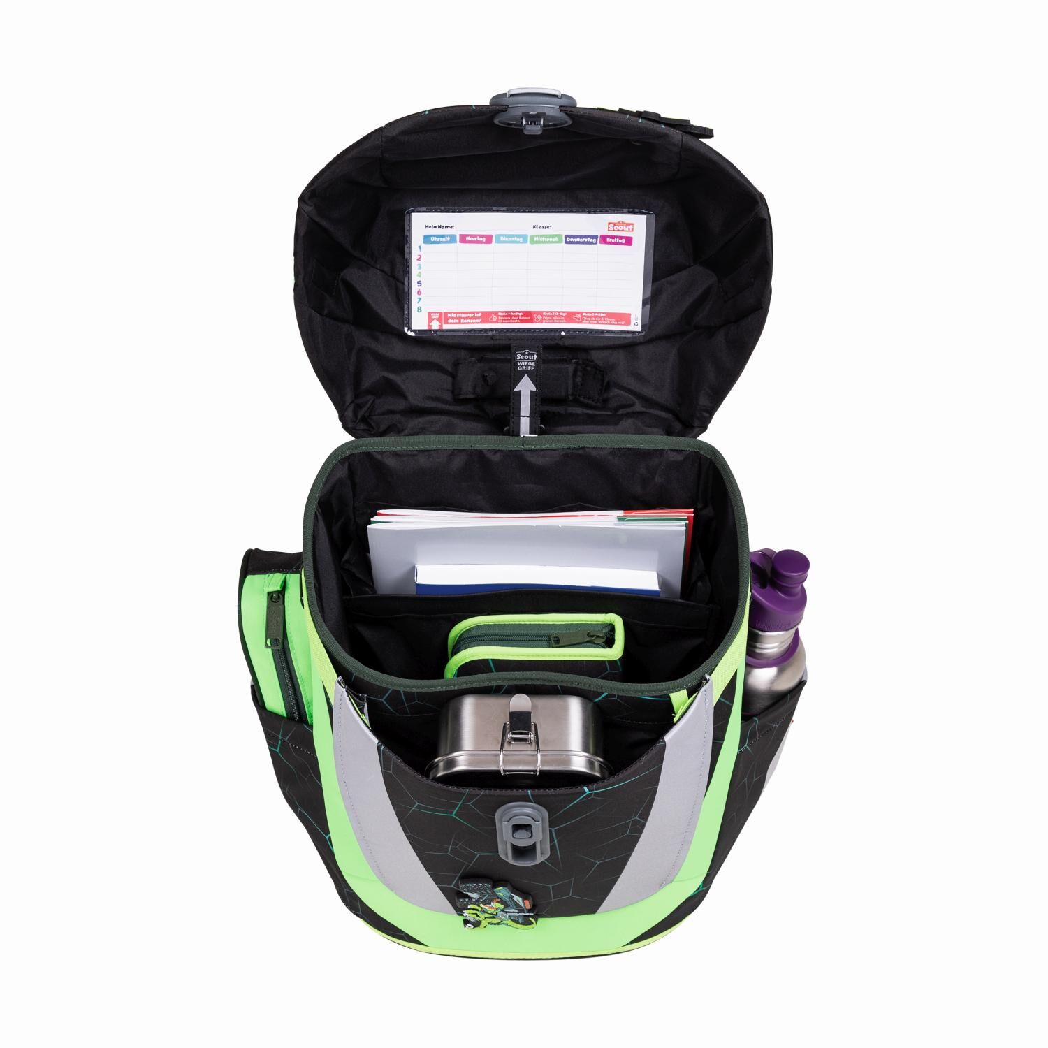 Scout Sunny II Exklusiv DIN LED Dino Hunter Schulranzen-Set 4-teilig