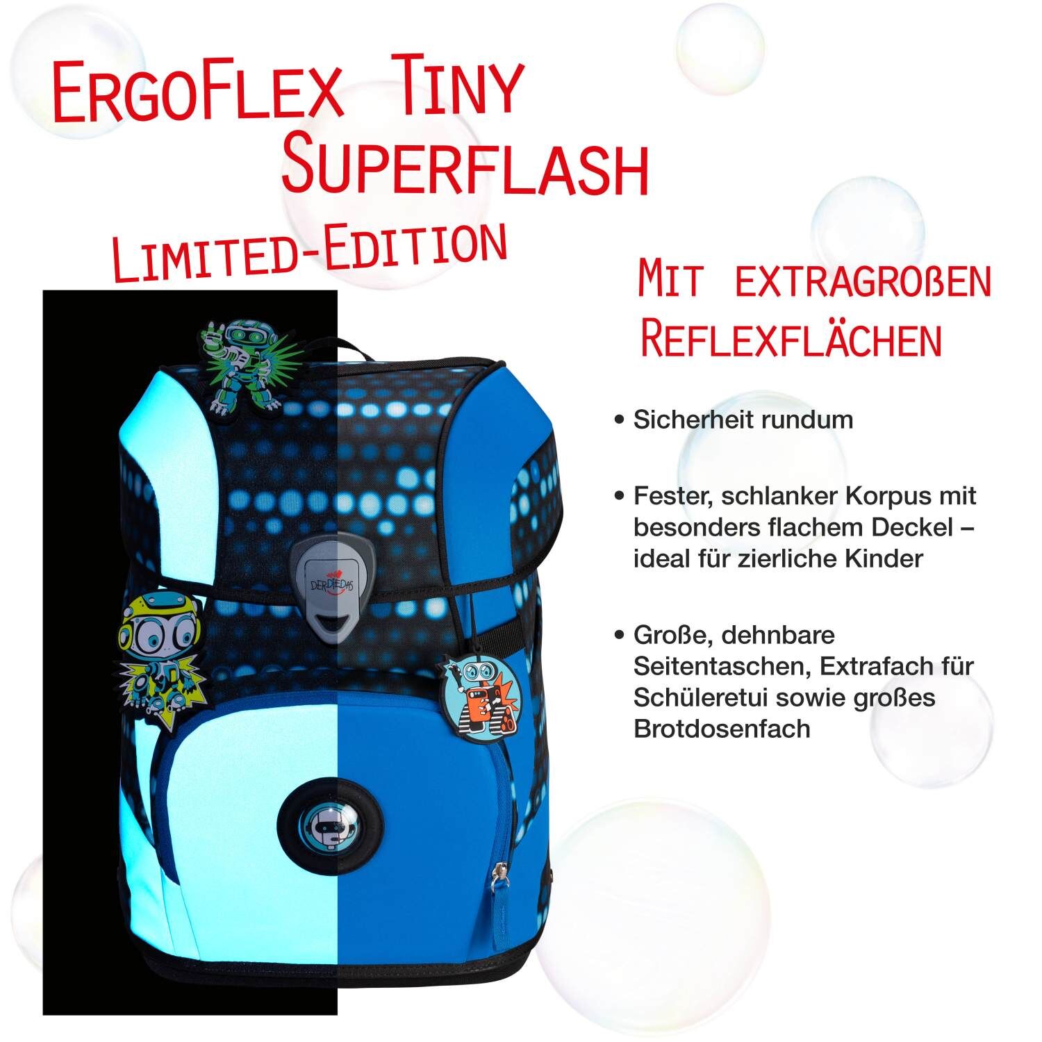 DerDieDas ErgoFlex Tiny Superflash Schulranzenset 5 teilig Blue Robot