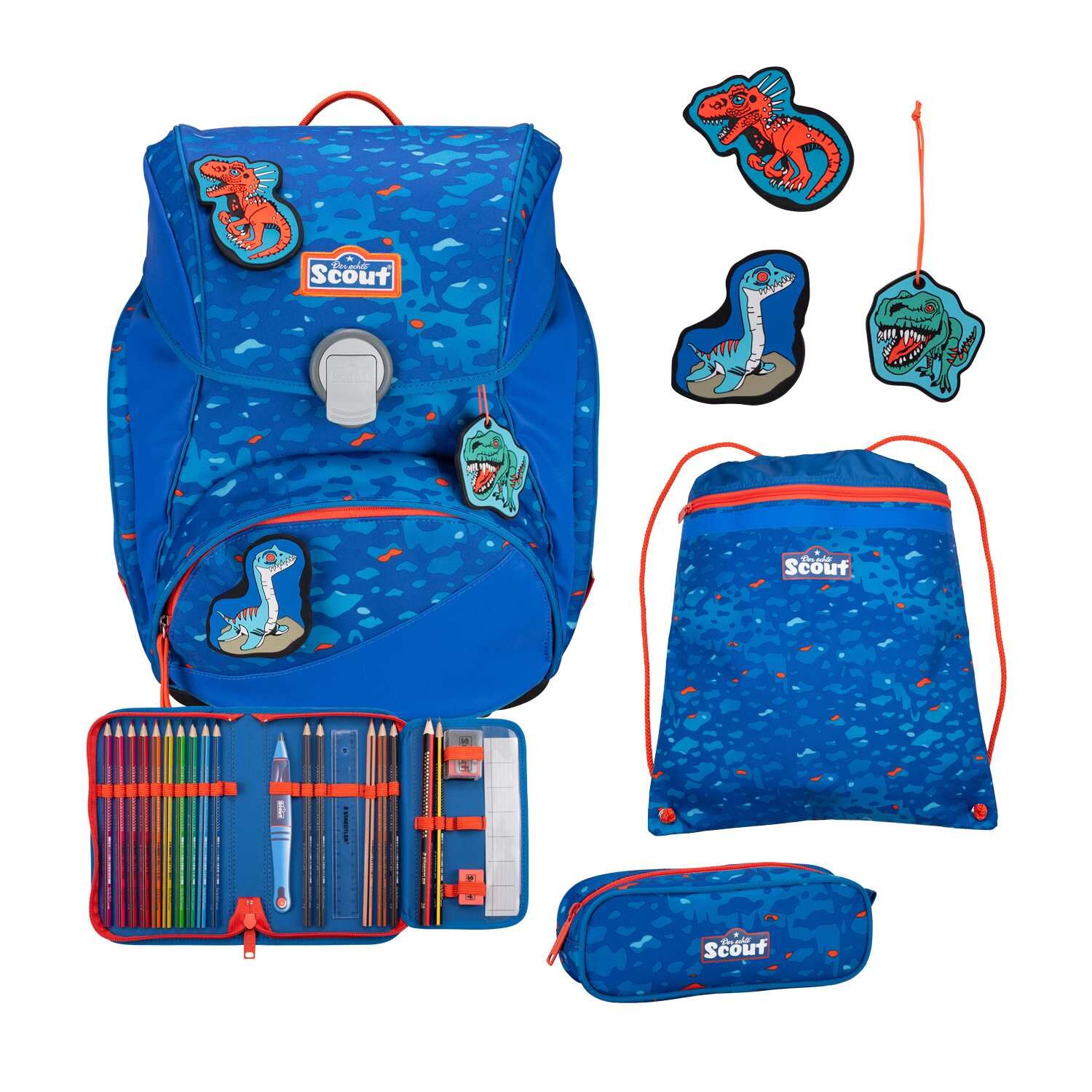 Scout Alpha Schulranzenset Superflash 4 teilig Blue Dino