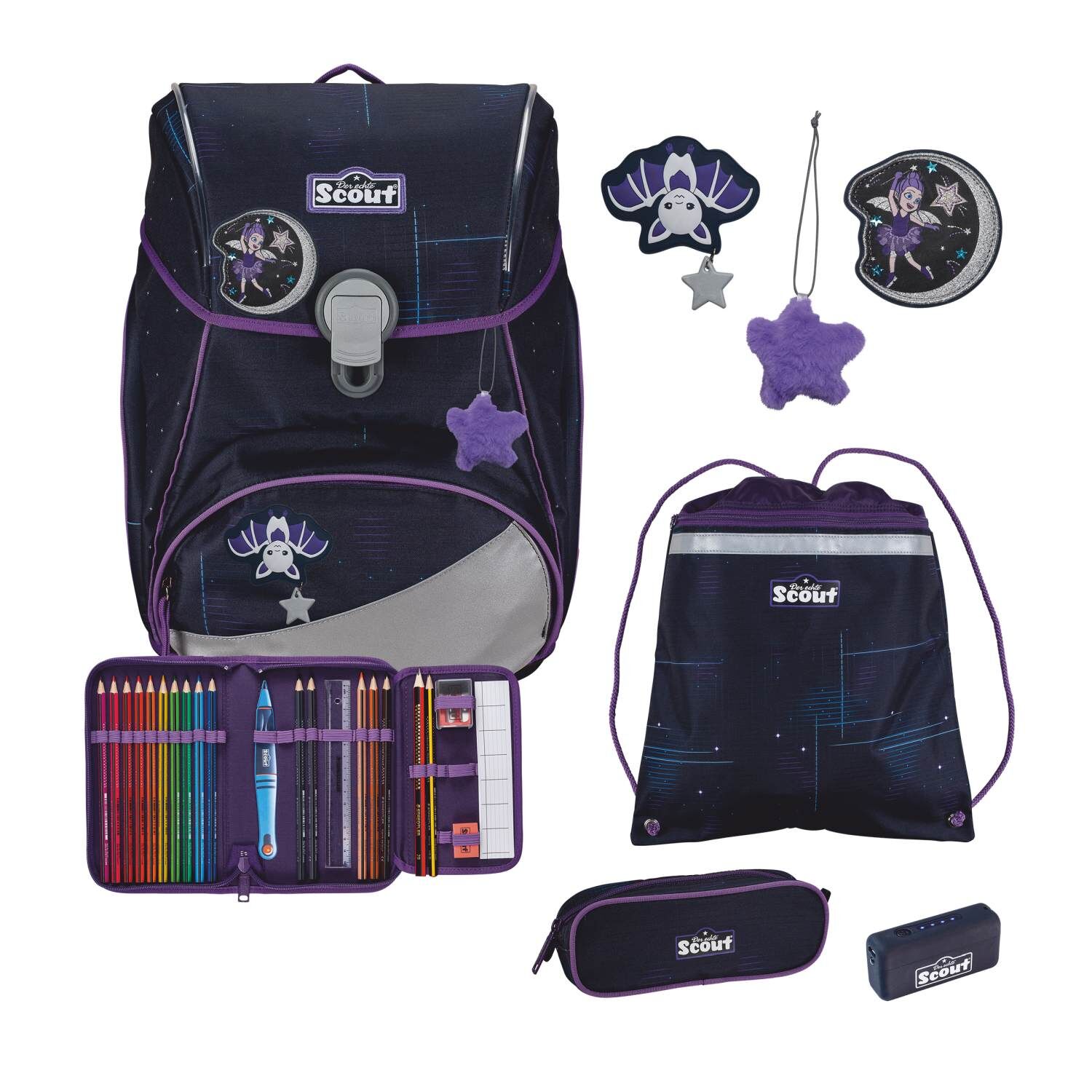 Scout Alpha Schulranzen-Set 4 teilig Exklusiv Safety Light Spooky Starlight