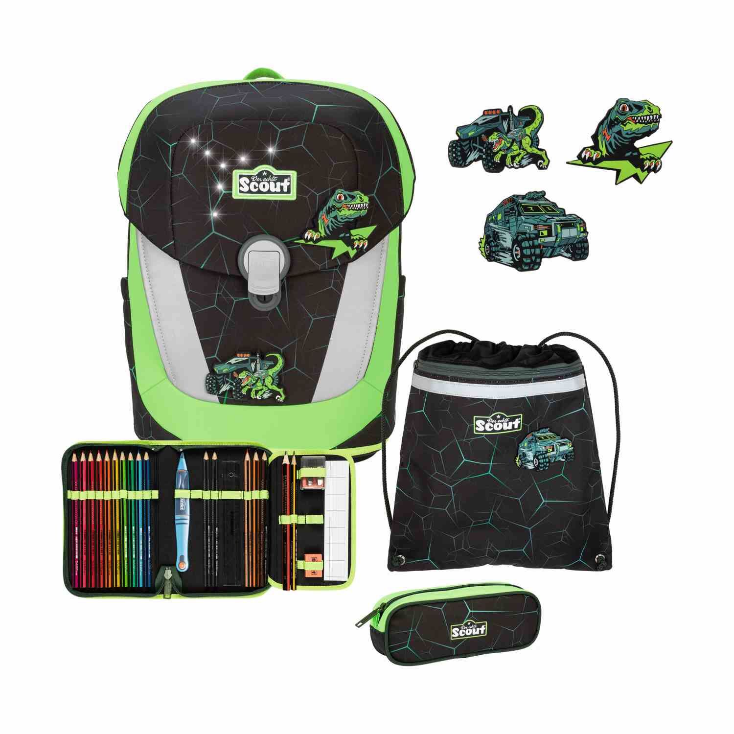Scout Sunny II Exklusiv DIN LED Dino Hunter Schulranzen-Set 4-teilig