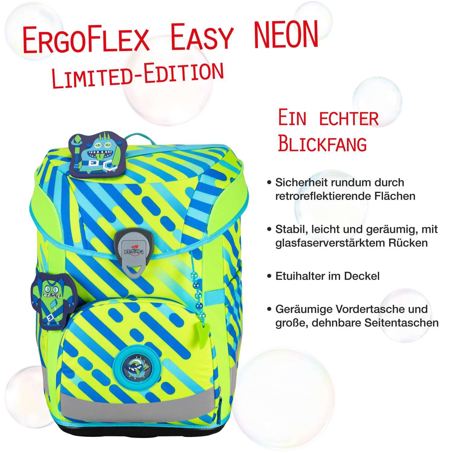 DerDieDas ErgoFlex Easy NEON Schulranzenset 5 teilig Monster