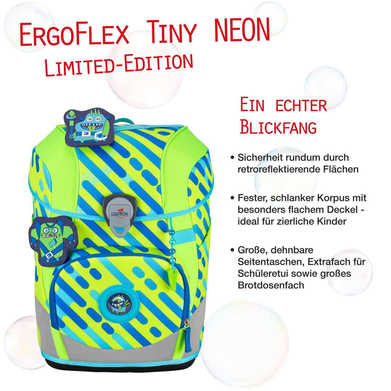 DerDieDas ErgoFlex Tiny NEON Schulranzenset 5 teilig Monster