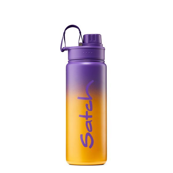 Edelstahl Trinkflasche mit der Aufschrift Satch in den Farben, orange und lila