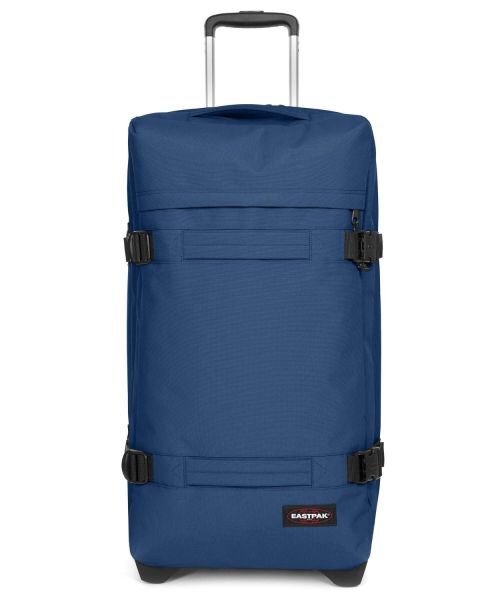 Blaue Reisetasche mit Gummirollen. Ausziehbarer Griff, Zahlenkombinationsschloss, Volumen 78 Liter. Maße 35x67x30 cm.