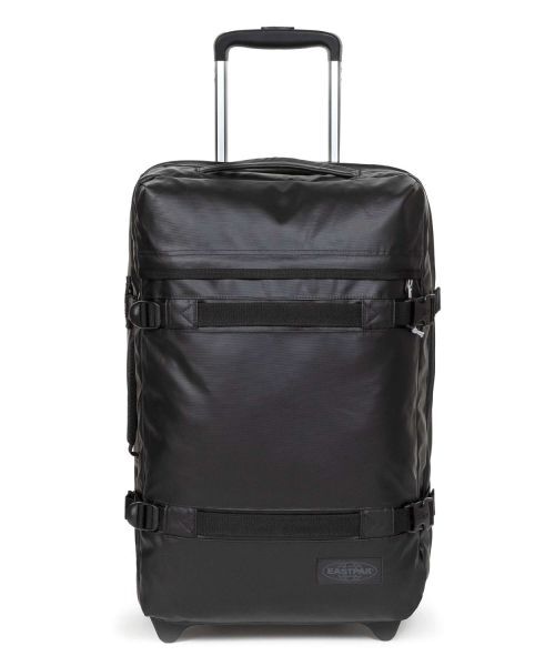 Schwarze Reisetasche mit Gummirollen, ausziehbarem Griff und Eastpak Logo. TSA Zahlenkombinationsschloss. Volumen 42 Liter. Maße 32x51x23 cm.
