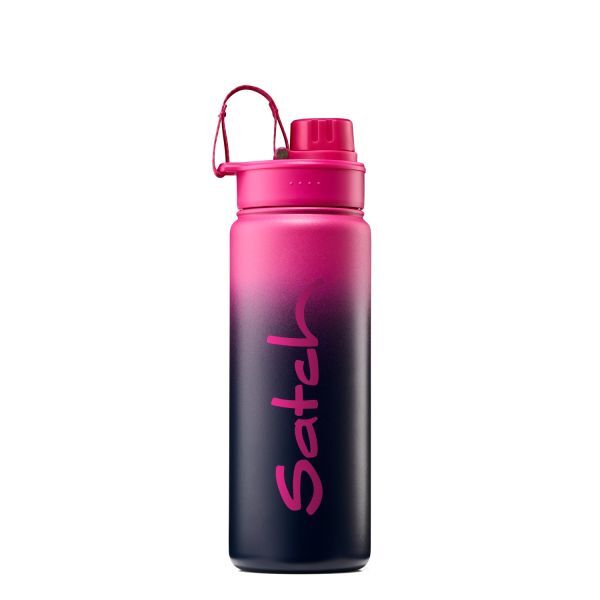 Edelstahl Trinkflasche mit der Aufschrift Satch in den Farben, pink und schwarz