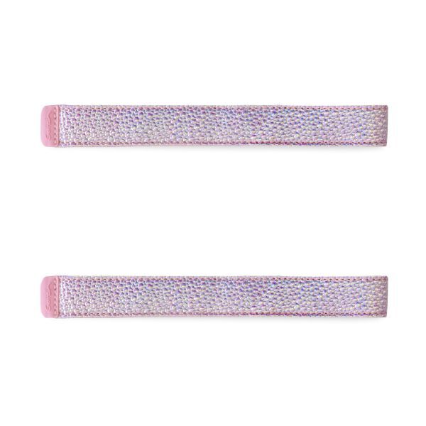 Rosafarbenes Textilbändchen mit rückseitiger Klettfläche und einer glänzenden Oberfläche auf der Vorderseite