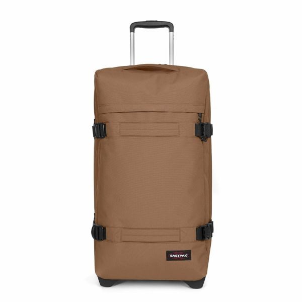 Brauner Koffer mit Rollen, ausziehbarem Griff und Eastpak Logo. Volumen 78 Liter. Maße 67x35x30 cm.
