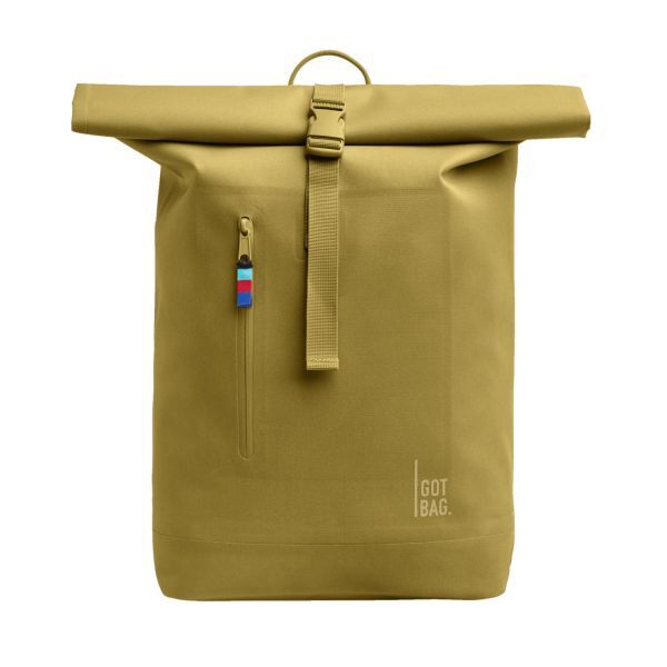 Gelber Rucksack mit Got Bag Aufdruck. 26 Liter Füllvolumen. Wasserdicht. PFC- & PVC-frei.