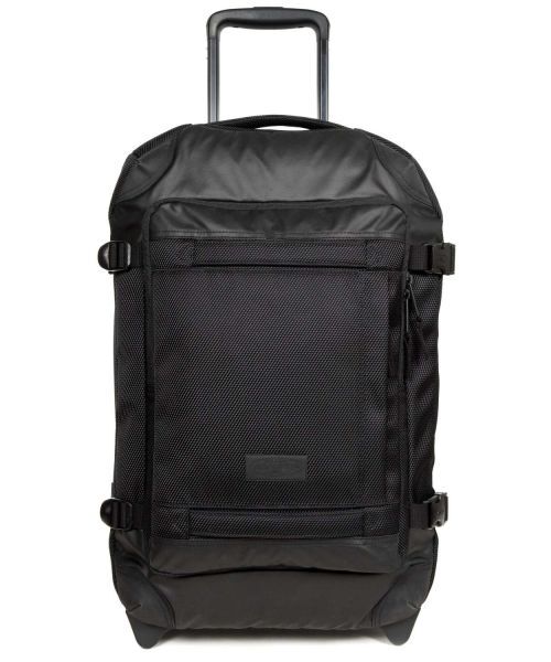 Schwarze Reisetasche mit Gummirollen, Teleskopgestänge und Eeastpak Logo. TSA Zahlenkombinationsschloss. Volumen 42 Liter. Maße 32x51x25 cm. 