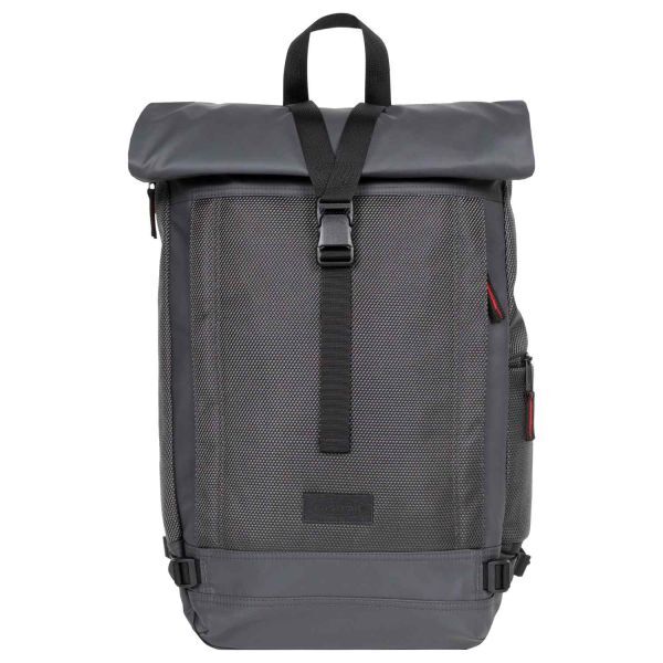 Grauer Rucksack mit Rolltopverschluss. Laptopfach, Flaschenhalter und Eastpak Logo. Volumen 20 Liter. Maße 47x29x13 cm.